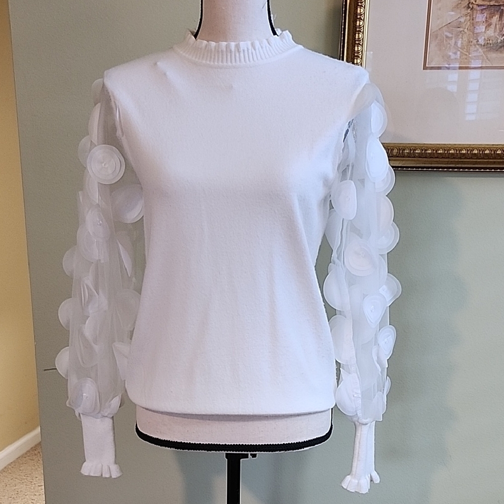 Chic White Blouse with Sheer Floral Sleeves